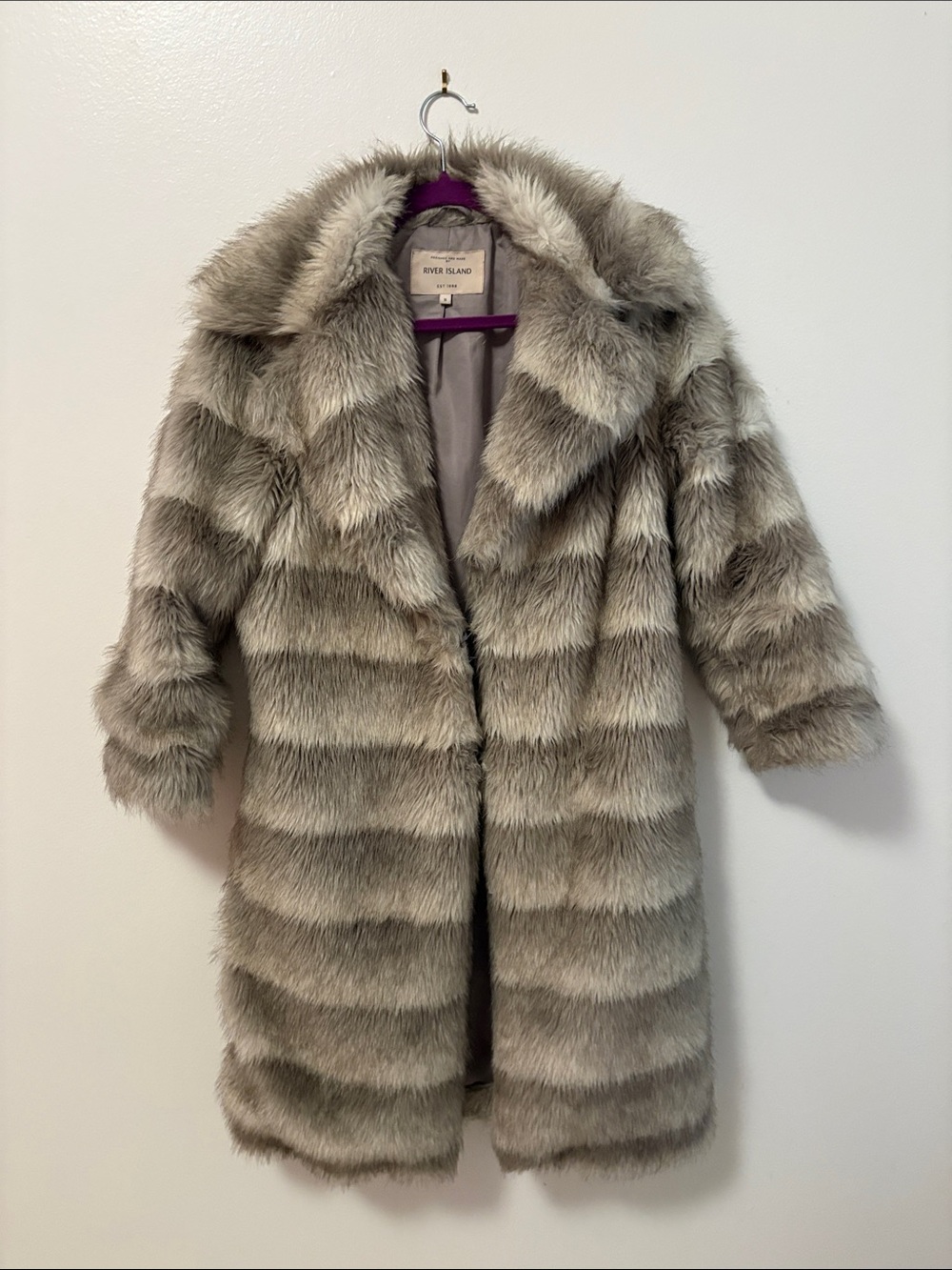 River Island Faux Fur Long Coat in Light Grey